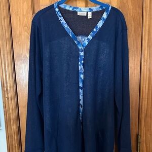 Blue Long Sleeve Cardigan with Patterned Trim